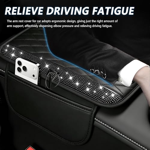 Stacool Upgraded Car Center Console Cover with Rhinestones,Microfiber Leather Car Armrest Cover Cushion with 2 Storage Bags,Universal Cars Armrest Storage Box as Cars Interior Accessories - color: Upgraded Diamond - Bling Black