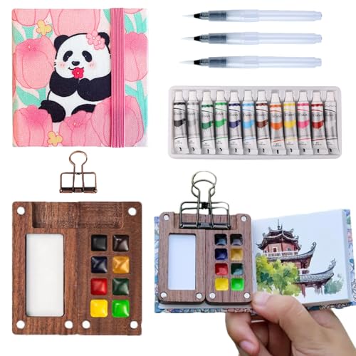 Aimery Mini Watercolor Paint Travel Set, Portable Pocket Size Water Color Painting Kit with Wooden Palette, Refillable Brush & Sketchbook(Pink Panda) – Gift for Birthdays, Beginners, Art Lovers - style: Pink Panda