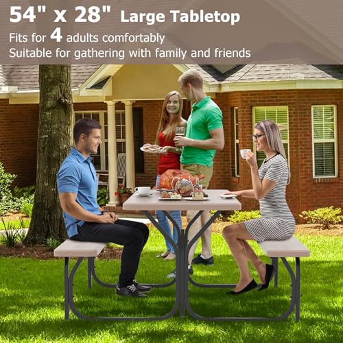 GYMAX Picnic Table, Picnic Bench Easy to Assemble w/All Weather Wood Grain Tabletop & Metal Frame, Picnic Tables for Outdoors Camping Backyard Deck Patio Poolside Dining Party - color: Brown