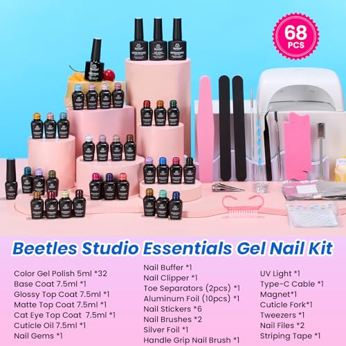 Beetles Deal Box Gel Nail Polish Kit with U V Light - 32 Colors Studio Essentials Gel Polish 68 Pcs Nail Kit with TPO & HEMA Free Base Coat Cat Eye Top Coat Home Salon DIY Nails Tools Gifts for Women - color: 0 - 32 Colors Deal Box Studio Essentials
