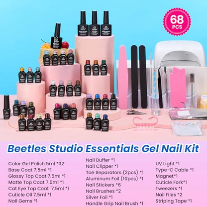 Beetles Deal Box Gel Nail Polish Kit with U V Light - 32 Colors Studio Essentials Gel Polish 68 Pcs Nail Kit with TPO & HEMA Free Base Coat Cat Eye Top Coat Home Salon DIY Nails Tools Gifts for Women - color: 0 - 32 Colors Deal Box Studio Essentials