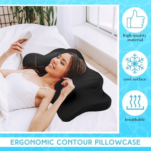 Hahafelt Cooling Cervical Neck Pillowcase Cover (Only Pillow Case) Ergonomic Pillowcase with Zipper Breathable Contour Pillow Cover for Side Back Stomach Sleepers(Black,Standard Size) - color: Black, size: Standard