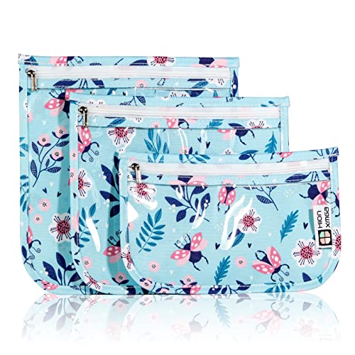 HIONXMGA TSA Approved Toiletry Bag, Set of 3 Clear Travel Toiletry Bag Quart Size Zipper Travel Pouch, Waterproof Makeup Cosmetic Bag for Women Men Kids Toiletries Carry on, Floral World - color: Floral World, Mixed Sizes