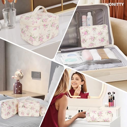 honitty Makeup Bag,Quilted Cosmetic Bags,Large Floral Make Up Organize bag,Makeup Bag Set for Women,Flower Travel Toiletry Bag - color: Pink