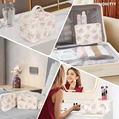 honitty Makeup Bag,Quilted Cosmetic Bags,Large Floral Make Up Organize bag,Makeup Bag Set for Women,Flower Travel Toiletry Bag - color: Pink