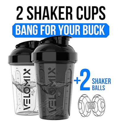 VELOMIX -2 Pack- 20 oz Protein Shaker Bottles for Protein Mixes - 2x Wire Whisk | Leak Proof Shaker Cups for Protein Shakes and Pre Workout | Protein Shaker Bottle Pack (Black/Transparent) - color: A1) Black / Transparent