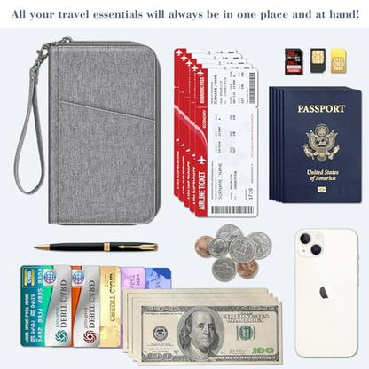 Fintie Family Passport Holder Wallet, RFID Blocking Travel Document Organizer Clutch Bag Credit Cards Case Cover for Women Men - color: Snowflake Gray