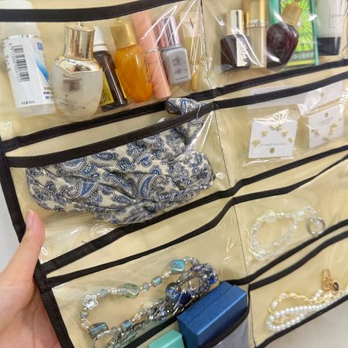 Hanging Jewelry Organizer Pockets Canvas Double Sided Rotating Hanger Necklace Hanging Wall Organizer Jewelry Roll for Earrings, Necklaces,Sunglasses,rings (Beige) - color: Beige
