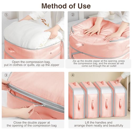 Homsorout 4 Pack Compression Storage Bags - 110L Large Capacity Comforter Storage Bag, 3-Layer Washable Ultra Space Saving Self Compression Organizer Space Bags for Blankets, Sweaters, Sheets, Pink - color: Pink, size: 110L-4 Pack