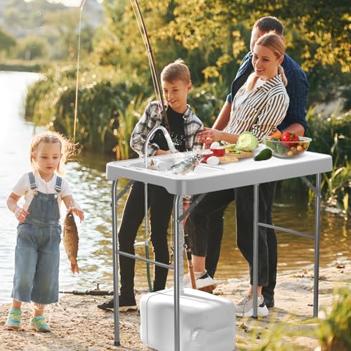 42.5" Fish Cleaning Table with Sink, Folding Camping Table & Fish Cleaning Station with Measure Mark, Camping Sink with Hose Hookup for Outdoor Picnic, Beach, Dock & Patio Use - style: Fish cleaning table