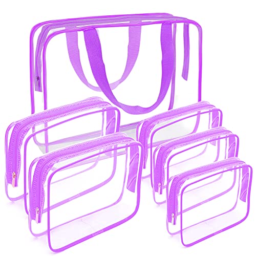 APREUTY Clear Makeup Bags, TSA Approved 6 Pcs Cosmetic Makeup Bags Set Clear PVC with Zipper Handle Portable Travel Luggage Pouch Airport Airline Vacation Organization (Purple) - color: Purple-6PCS (Large+Medium+Small)