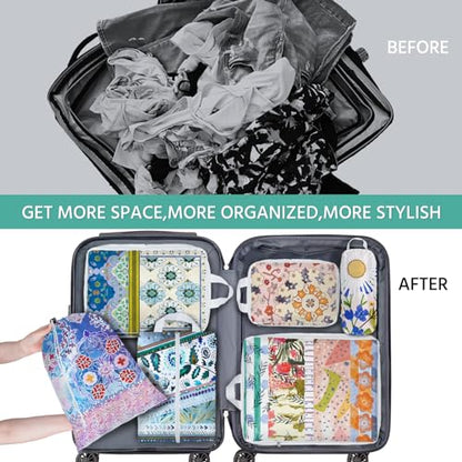 6 Pcs Compression Packing Cubes Waterproof Suitcase Travel Bag Luggage Backpack Organizer Travel Cubes for Packing-Pink and Green Bohemian - color: Green Bohemian
