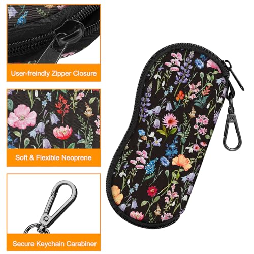 FINTIE Glasses Case with Carabiner, Ultra Light Portable Neoprene Zipper Sunglasses Soft Case - color: Black Floral