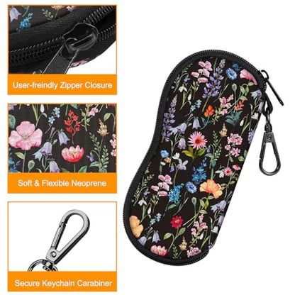 FINTIE Glasses Case with Carabiner, Ultra Light Portable Neoprene Zipper Sunglasses Soft Case - color: Black Floral