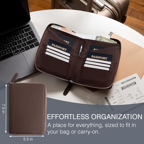 Full Grain Leather Family Passport Holder for 4 Passports - RFID Passport Holder and Travel Document Organizer - Large Leather Travel Wallet for Families - Brown - color: Dark Brown