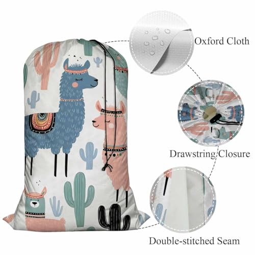Swono Cactus XL Laundry Bags, Drawstring Closure Dirty Clothes Bag Organizer, Heavy Duty Large Laundry Bag, Cartoon Cute Llama Tribal Alpaca Rip-Stop Bags for Camp Travel, 28" x 40", White - color: Cactus