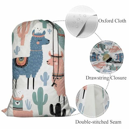Swono Cactus XL Laundry Bags, Drawstring Closure Dirty Clothes Bag Organizer, Heavy Duty Large Laundry Bag, Cartoon Cute Llama Tribal Alpaca Rip-Stop Bags for Camp Travel, 28" x 40", White - color: Cactus