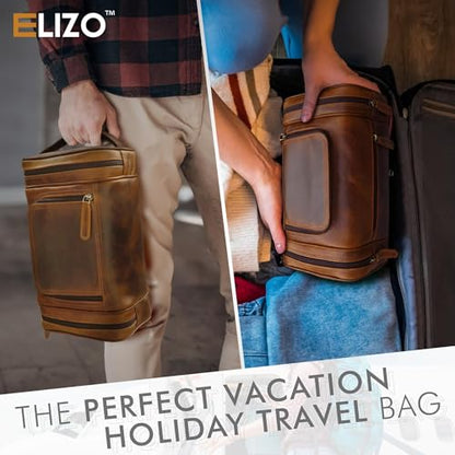 ELIZO Genuine Leather Toiletry Bag for Men Mens Toiletry Bags for Traveling Waterproof Hanging Leather Dopp Kit w/Hook Extra largeToiletry Bag Travel Organizer for Toiletries - size: X-Large
