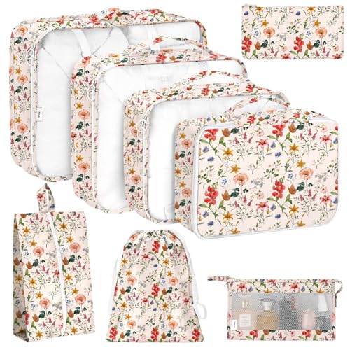 KPX 8 Set Packing Cubes for Travel, Luggage Packing Organizers Accessories Large Toiletries Bag for Clothes Shoes Cosmetics (Retro Flower) - color: Retro Flower