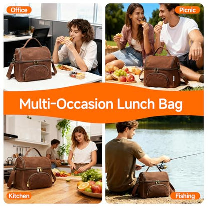 Waxed Canvas Lunch Bag with 2 XL Ice Packs, Canvas Lunch Box, Lunch Cooler for Men Work, 10.5L 2 Compartments Insulated Leakproof Cooler Bags for Camping, Beach and Road Trips - color: Rustic Brown
