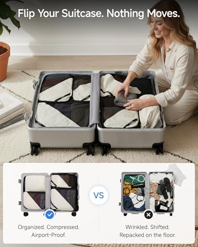 LUGGEX Compression Packing Cubes for Travel, 4 Set Lightweight Luggage Organizer Bags with Shoe Bag, Space Saving Suitcase Packing Cubes for Carry-On with Breathable Mesh, Double-Zipper (POX01, Beige) - size: 4 Set - 1 Large Cube