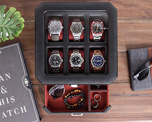 ROTHWELL Gift Set 6 Slot Leather Watch Box and 2 Watch Travel Case - Luxury Case Organizer, Microsuede Liner, Locking Mens Jewelry Watches Holder, Storage Boxes Glass Top (Black/Red Gift Set) - color: 6 Slot - Black/Red Gift Set
