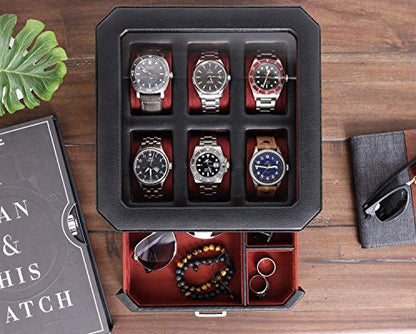 ROTHWELL Gift Set 6 Slot Leather Watch Box and 2 Watch Travel Case - Luxury Case Organizer, Microsuede Liner, Locking Mens Jewelry Watches Holder, Storage Boxes Glass Top (Black/Red Gift Set) - color: 6 Slot - Black/Red Gift Set