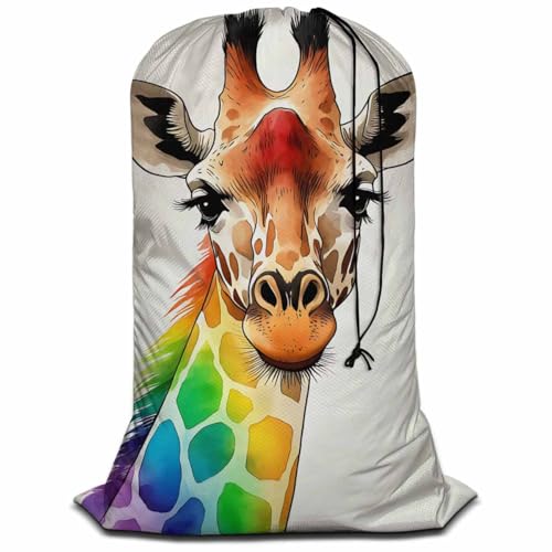 Swono Colorful Giraffe Extra Heavy Duty Laundry Bag, Watercolor Rainbow Giraffe X-Large Dirty Clothes Drawstring Bag with Tear Resistant Fabric, Ideal for Camp Travel, Animal Theme - color: Colorful Giraffe