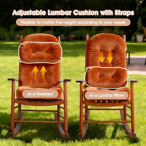 Rocking Chair Cushion Indoor Large Chair Pads Set with Ties Extra Lumbar Pillow Premium Dutch Velvet High Resilience Filler Non-Slip Bottom, Orange