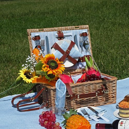 Picnic Baskets Wicker Willow Picnic Set for 4 Persons with Insulated Cooler Bag and Waterproof Blue Picnic Blanket Gift for Christmas Thanksgiving Wedding Birthday Camp Outdoor Beach Travel - color: Light Blue