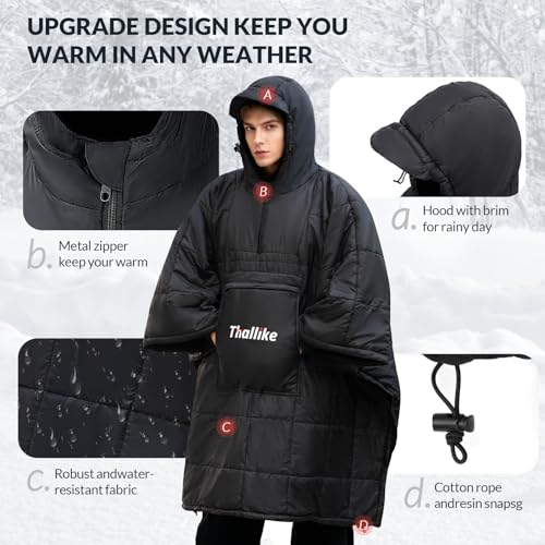 Camping Blanket with Zipper Pocket, 85'' x 61'' Large Wearable Hooded Blanket, Ultralight Warm Sleeping Bag, Windproof Camping Poncho for Outdoor Stadium Sports Gaming Hiking Picnic Concerts - color: Black