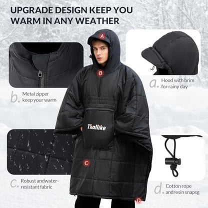 Camping Blanket with Zipper Pocket, 85'' x 61'' Large Wearable Hooded Blanket, Ultralight Warm Sleeping Bag, Windproof Camping Poncho for Outdoor Stadium Sports Gaming Hiking Picnic Concerts - color: Black