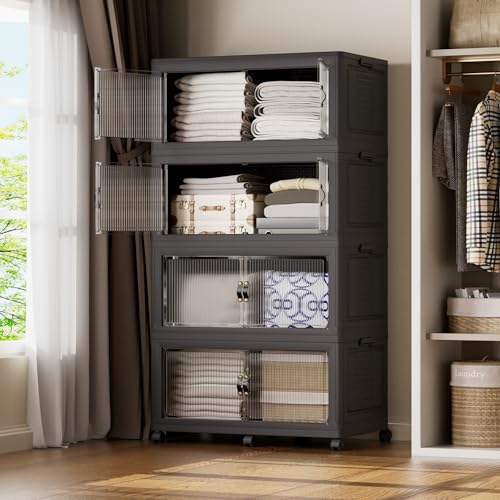 SAILUN 190Gal/760Qt Stackable Storage Bins Folding Collapsible Storage Bins with Lid, Closet Organizers and Storage Box with Door Black 33.5" W x 19" D x 69" H - color: Black, size: 1 Lid 4 Pack-33.5" W x 19" D x 69" H