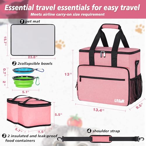 5 Set Dog Travel Bag for Supplies, Dog Lovers, Large Pet Travel Kit Includes 2 Food Containers, 2 Collapsible Bowls, Pink - color: Flamingo Tourmaline