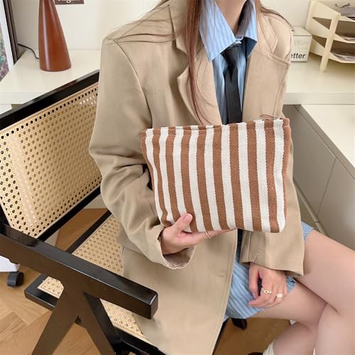 PAZIMIIK Makeup Bag Large Cotton Zipper Pouch for Purse Travel Canvas Make Up Organizer for Women Cosmetic,Stripe Coffee - color: Stripe Coffee