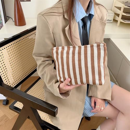 PAZIMIIK Makeup Bag Large Cotton Zipper Pouch for Purse Travel Canvas Make Up Organizer for Women Cosmetic,Stripe Coffee - color: Stripe Coffee