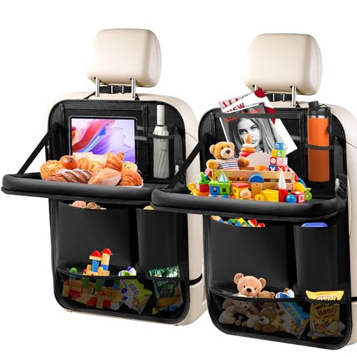 2Pack Car Backseat Organizer with Foldable Table Tray,6 Storage Pockets Car Storage Organizer with Tablet Holder,Car Seat Back Protectors Kick Mats Travel Accessories (Black) - color: Black, size: 2 Pack with Food Tray