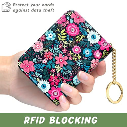 Aiawoxc Credit Card Holder, Small RFID Wallet Slim Leather Card Organizer Case with Zipper and Keychain, Elegant Flowers - color: B-Elegant Flowers, size: Keychain