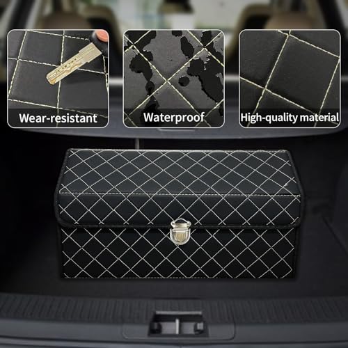Trunk Organizer for Car With Lid,Foldable Trunk Organizer for SUVs & Sedans,Multi-Functional Leather Storage Box- Black Grid - Small - color: Black Grid, size: Small