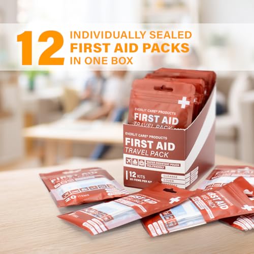 EVERLIT CARE Travel Bandage Pack | 12 Individual Packets, Bulk Portable Mini First Aid Kit with 20 On-the-Go Essentials | Compact Water-Resistant Reusable Pouch to Clean, Cover & Protect