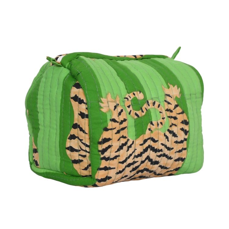 YILLE Set of 3 Pieces Block Printed Travel Organizer Kit Storage Bag for Women Makeup Bag Travel Cosmetic Bag (Green Fat tiger) - color: Green Fat tiger