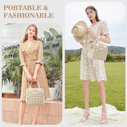 LOKASS Insulated Lunch Bag Women- Reusable 10 L Lunch Box for Women - Leakproof Tote Cooler Bag for Adults Work, Beach, Travel, Picnic （Brown&White Diamond Grid） - color: Brown Check