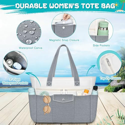 Beach Bags for Women Large Canvas Beach Tote with Zipper Wet Pocket, Waterproof Foldable Swim Pool Travel Tote Bags - color: Gray