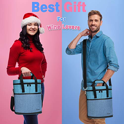 Tirrinia Insulated Wine Gift carrier - 3 Bottle Travel Padded Wine Carry Cooler Tote Bag with Handle and Adjustable Shoulder Strap, Blue - color: Blue
