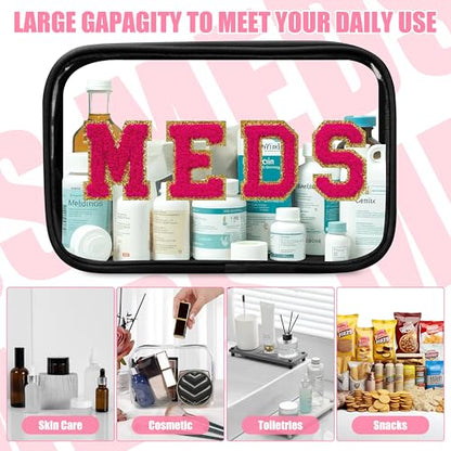 BuyCard Clear Meds Chenille Letter Nylon Makeup Bag - Portable Preppy Patch Cosmetic Toiletry Travel Storage Medicine Bag With Zipper for Women Girls Black - color: MEDS-Black, style: 1 Pcs-clear