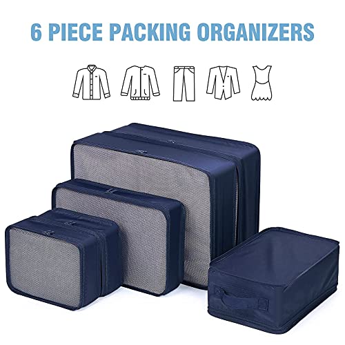 Mossio 6 Set Packing Cubes with Shoe Bag - Lightweight Travel Luggage Suitcase Organizers - color: Navy Blue