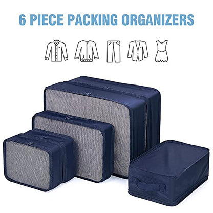 Mossio 6 Set Packing Cubes with Shoe Bag - Lightweight Travel Luggage Suitcase Organizers - color: Navy Blue