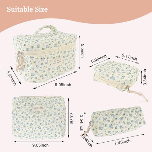 NATINSA Cute Makeup Bag for Women(2 Pcs), Travel Cosmetic Bags, Quilted Coquette Aesthetic Floral Toiletry Organizer Bag (47 - BlueMuDan) - color: 47 - BlueMuDan
