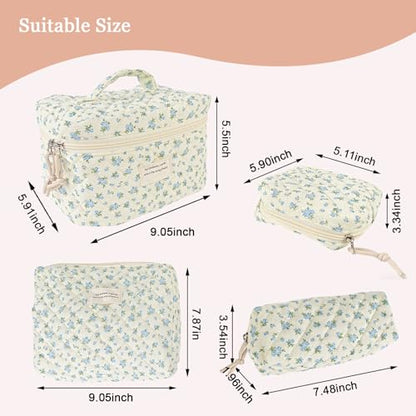 NATINSA Cute Makeup Bag for Women(2 Pcs), Travel Cosmetic Bags, Quilted Coquette Aesthetic Floral Toiletry Organizer Bag (47 - BlueMuDan) - color: 47 - BlueMuDan