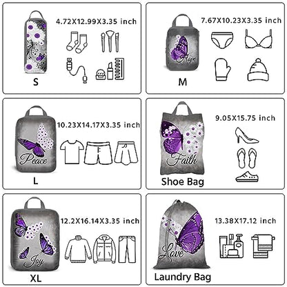 6 Pcs Compression Packing Cubes Waterproof Suitcase Travel Bag Luggage Backpack Organizer Travel Cubes for Packing-Purple Butterfly - color: Purple Butterfly